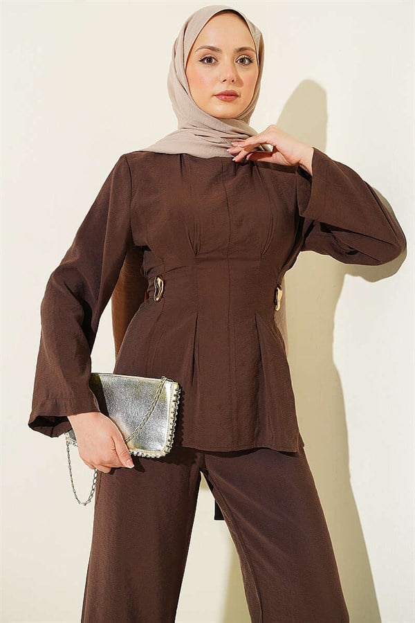 Side Gold Buckle Pleated 2 Piece Set in Coffee