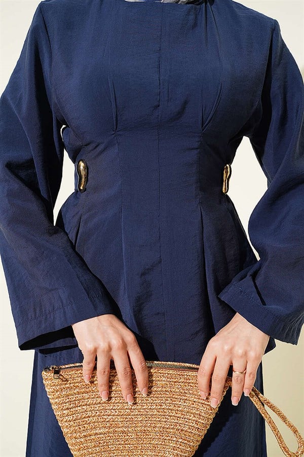 Side Gold Buckle Pleated 2 Piece Set Navy Blue