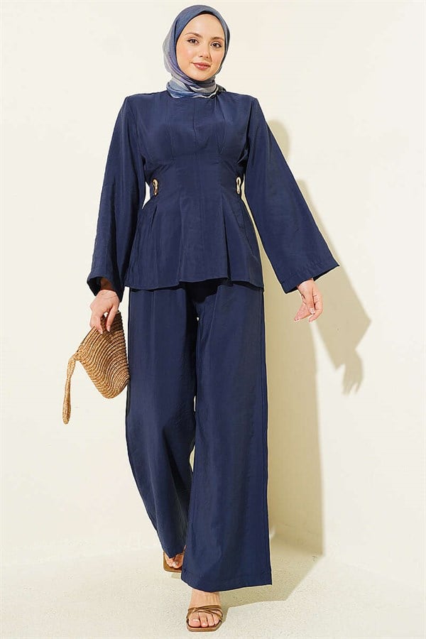 Side Gold Buckle Pleated 2 Piece Set Navy Blue