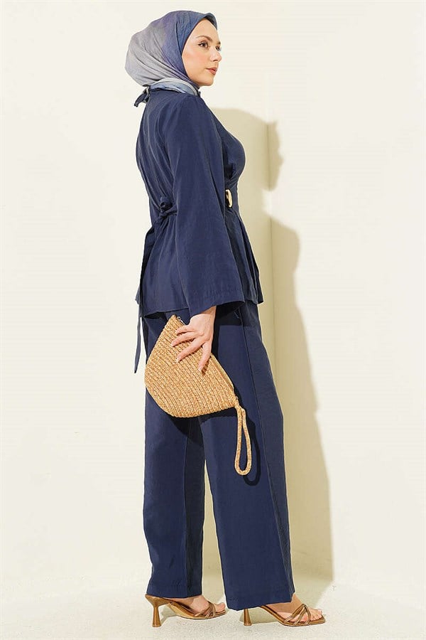 Side Gold Buckle Pleated 2 Piece Set Navy Blue