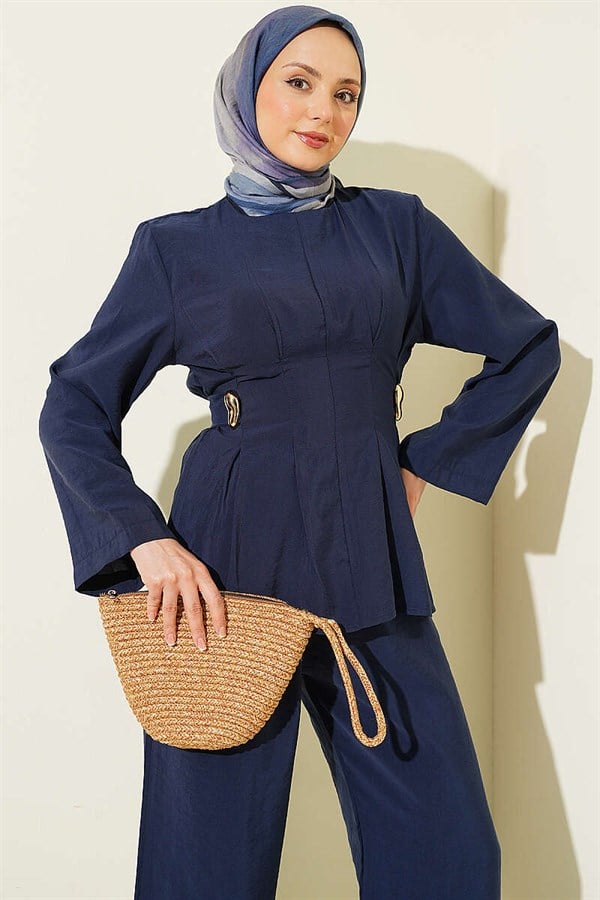 Side Gold Buckle Pleated 2 Piece Set Navy Blue