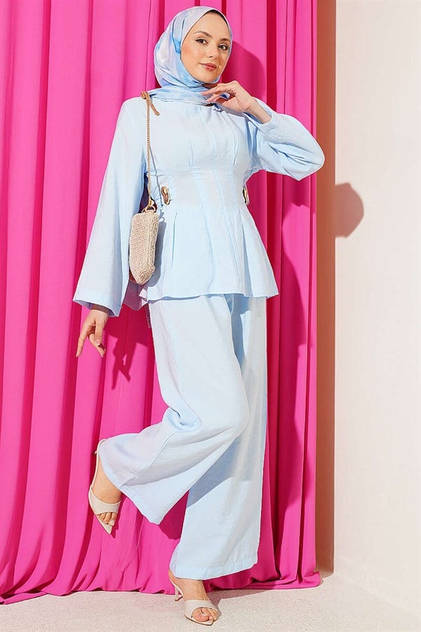 Side Gold Buckle Pleated 2 Piece Set, Blue