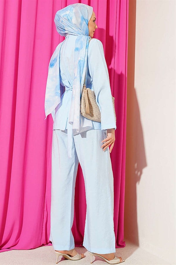 Side Gold Buckle Pleated 2 Piece Set, Blue
