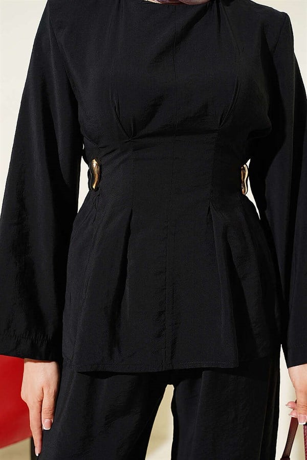 Side Gold Buckle Pleated 2 Piece Set, Black