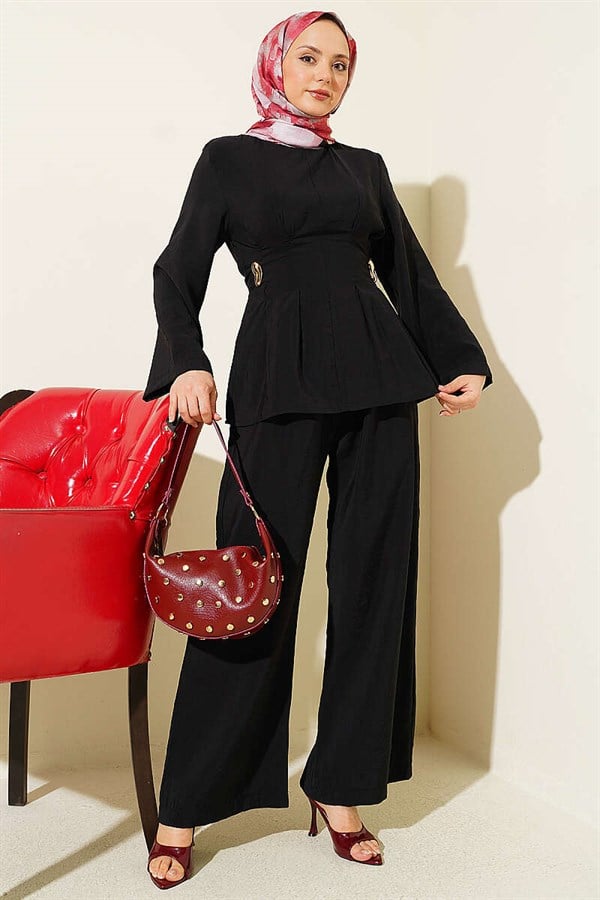 Side Gold Buckle Pleated 2 Piece Set, Black