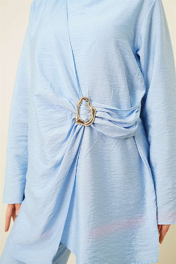 Side Gold Buckle Tunic 2 Piece Set Blue