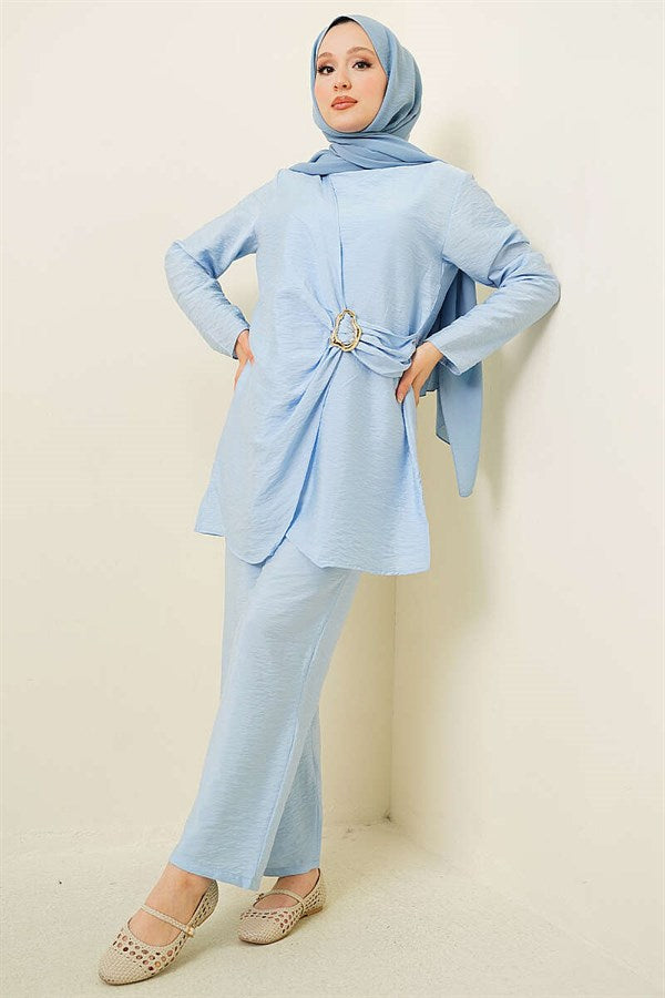 Side Gold Buckle Tunic 2 Piece Set Blue