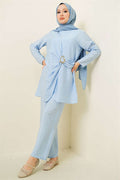 Side Gold Buckle Tunic 2 Piece Set Blue