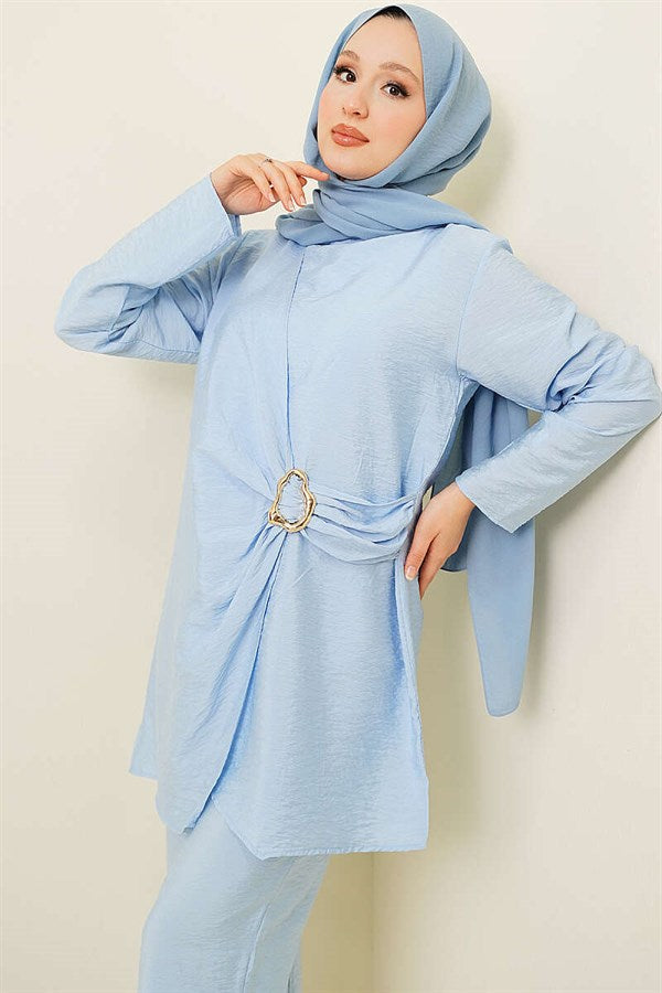 Side Gold Buckle Tunic 2 Piece Set Blue
