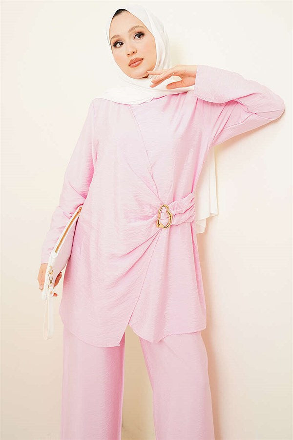 Pink Tunic 2 Piece Set with Gold Buckle Side Detail