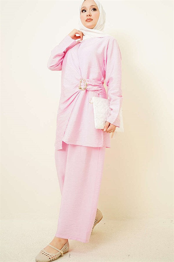 Pink Tunic 2 Piece Set with Gold Buckle Side Detail