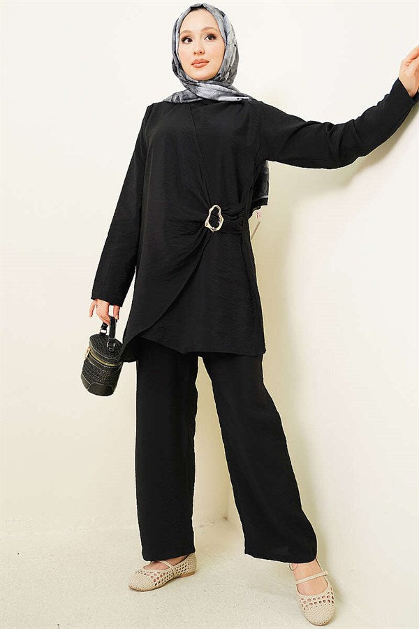 Side Gold Buckle Tunic 2 Piece Set Black