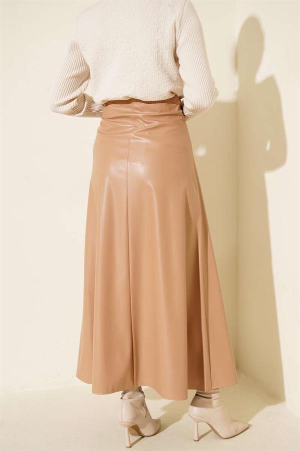 Side Tie Lace Leather Skirt Latte