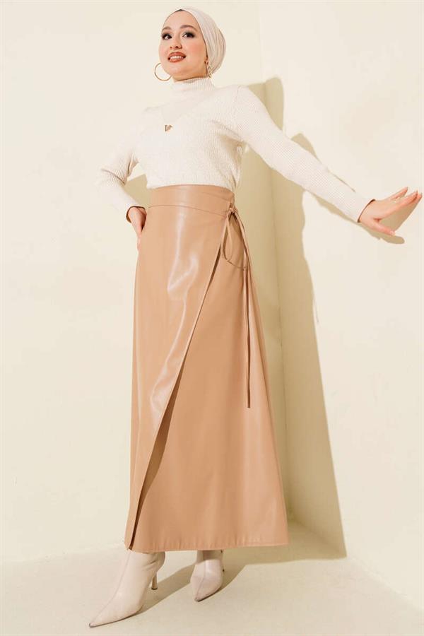 Side Tie Lace Leather Skirt Latte