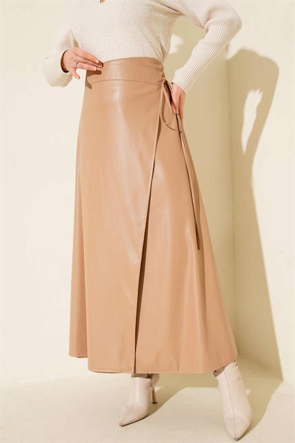 Side Tie Lace Leather Skirt Latte