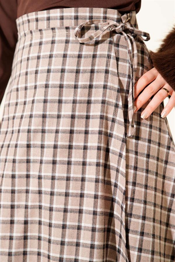 Side Tie Plaid Skirt, Beige