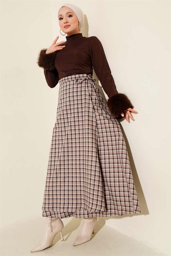 Side Tie Plaid Skirt, Beige