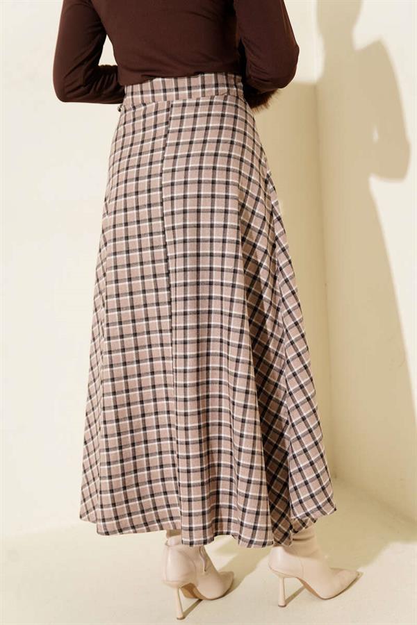 Side Tie Plaid Skirt, Beige