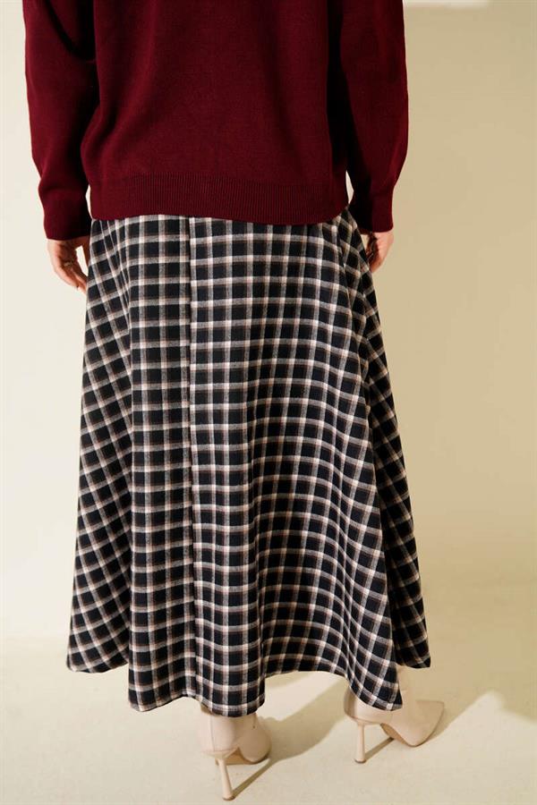 Side Tie Plaid Skirt Navy Blue