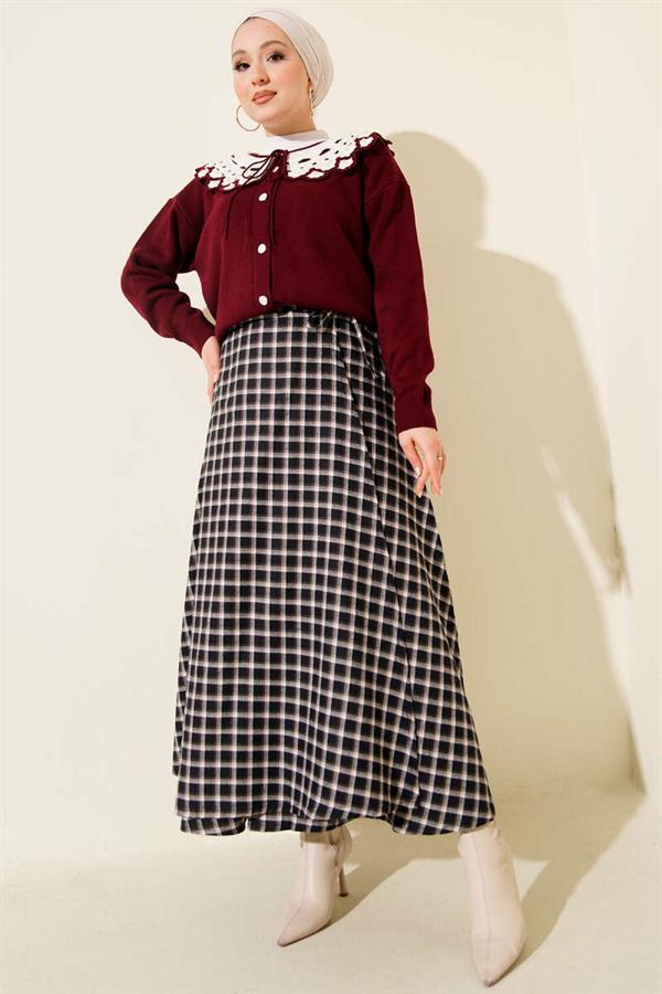 Side Tie Plaid Skirt Navy Blue