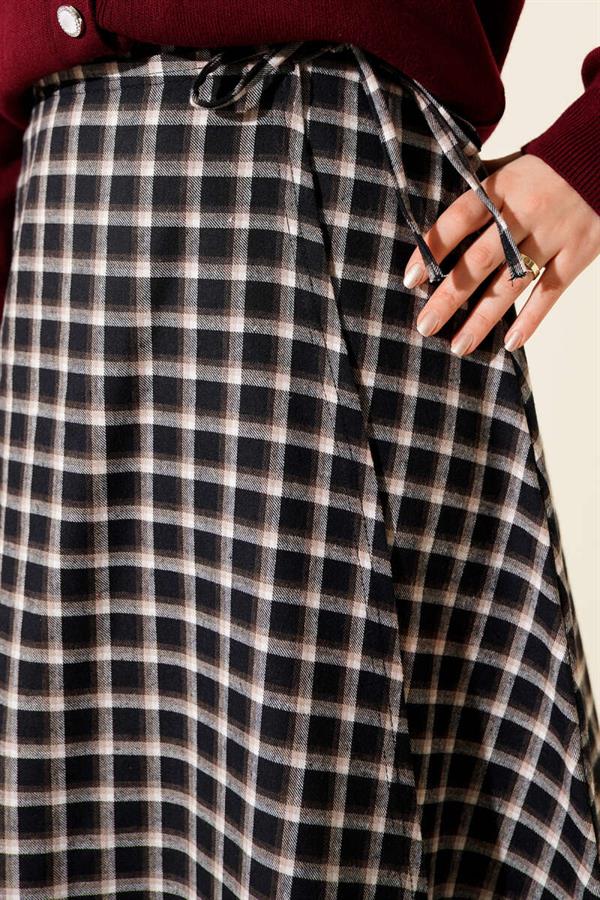 Side Tie Plaid Skirt Navy Blue