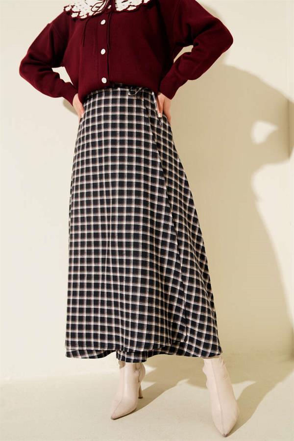 Side Tie Plaid Skirt Navy Blue