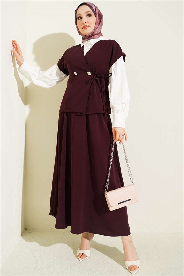 Two-Piece Skirt 2 Piece Set with Side Tie, Plum