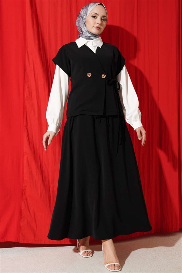 2 Piece Set with Side Tie Skirt, Black
