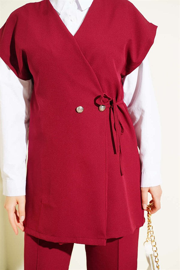 Vest 2 Piece Set with Side Drawstring, Burgundy
