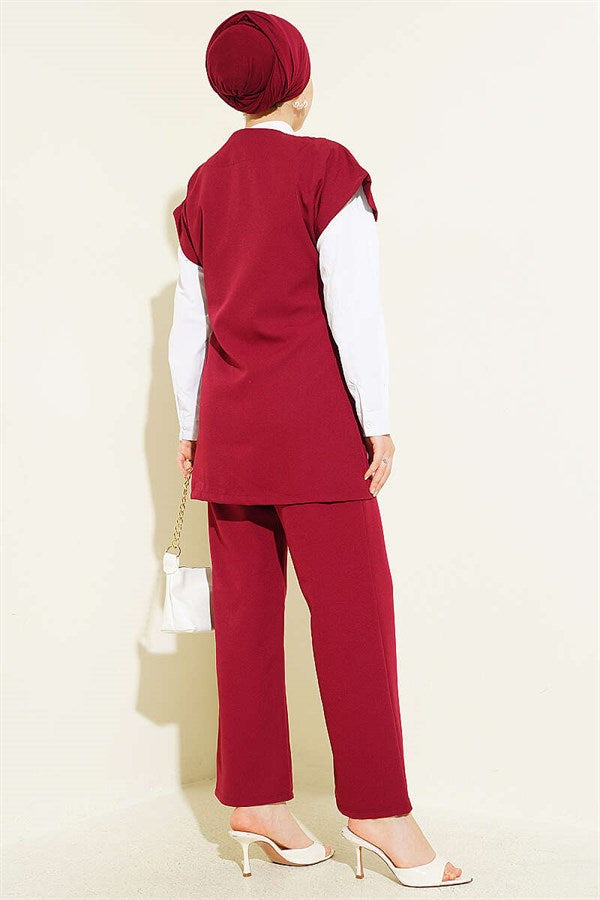 Vest 2 Piece Set with Side Drawstring, Burgundy