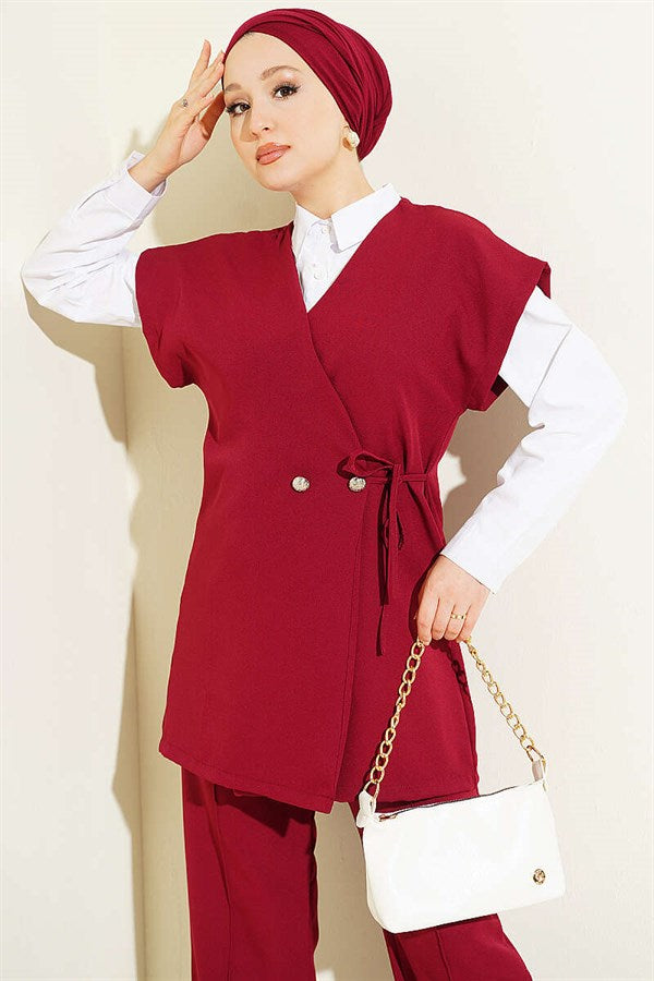 Vest 2 Piece Set with Side Drawstring, Burgundy