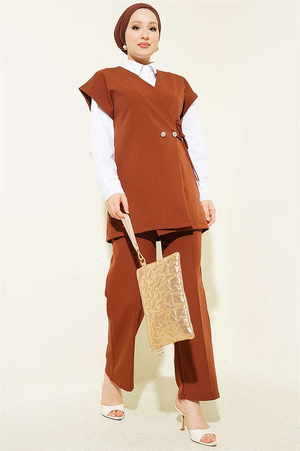 Vest 2 Piece Set with Side Tie, Coffee