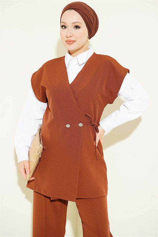 Vest 2 Piece Set with Side Tie, Coffee