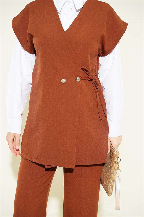Vest 2 Piece Set with Side Tie, Coffee