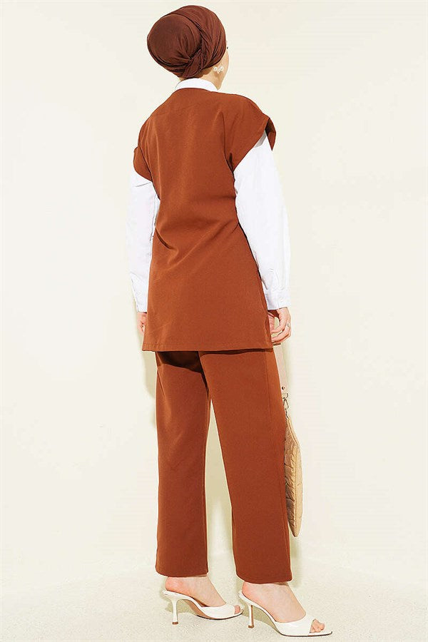 Vest 2 Piece Set with Side Tie, Coffee