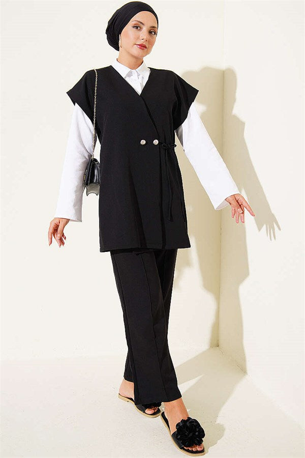 2 Piece Set with Side Drawstring Vest, Black