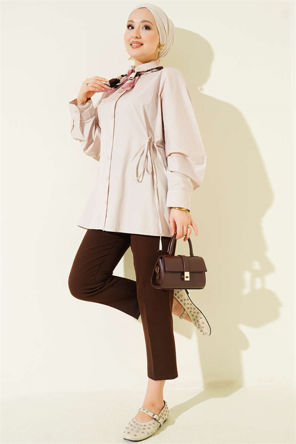 Basic Shirt with Side Tie Closure, Beige