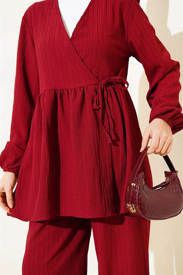 Side Tie Crinkle 2 Piece Set in Burgundy