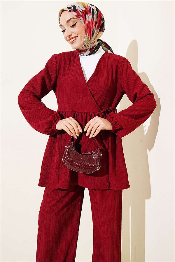 Side Tie Crinkle 2 Piece Set in Burgundy