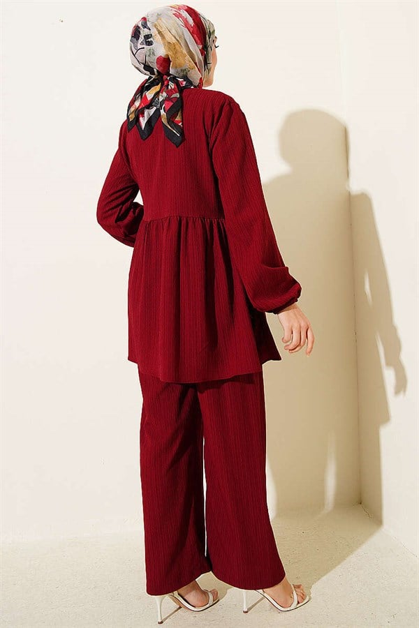 Side Tie Crinkle 2 Piece Set in Burgundy