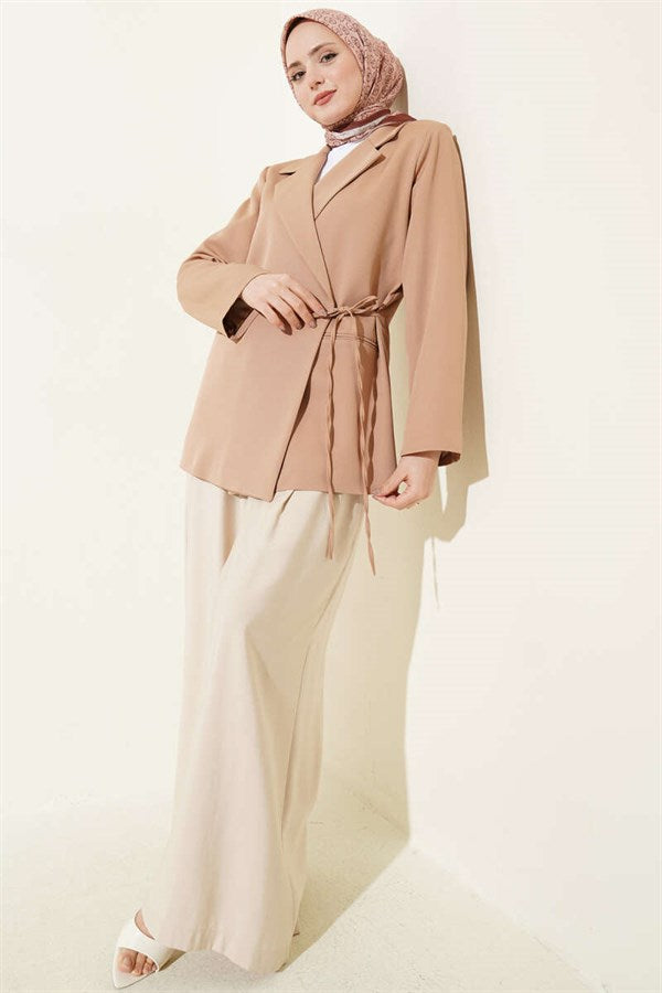 Side Tie Double-Breasted Blazer Jacket, Camel