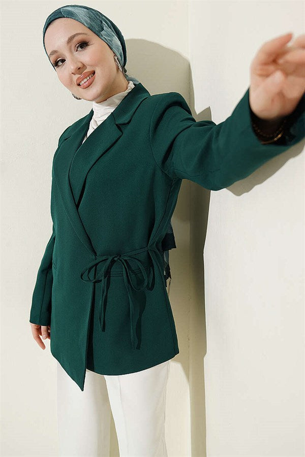 Side Tie Double-Breasted Blazer Jacket, Emerald Green