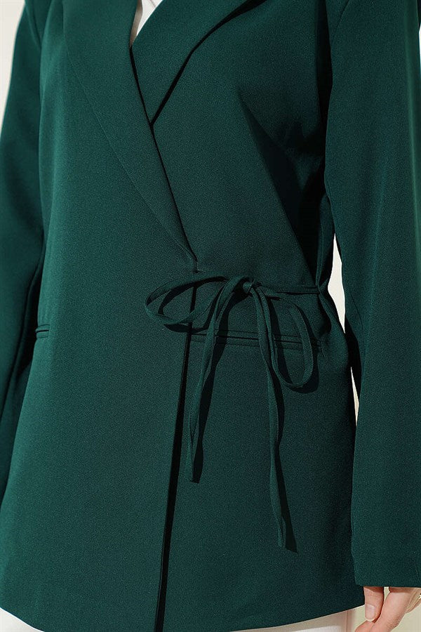 Side Tie Double-Breasted Blazer Jacket, Emerald Green