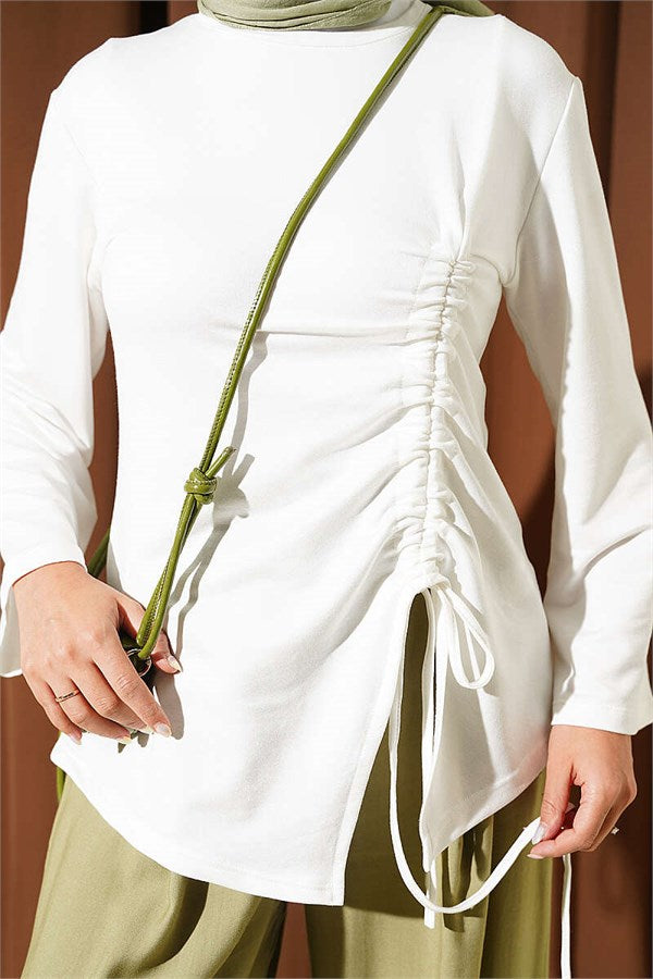 Side Tie Gathered Tunic in Milky Ecru