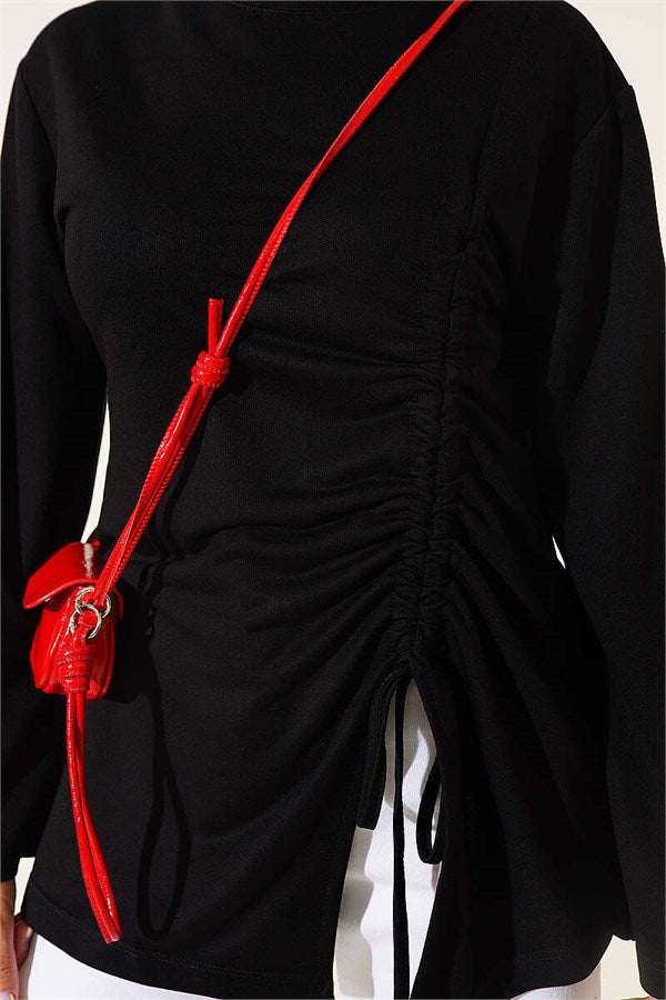 Side Tie Gathered Tunic, Black