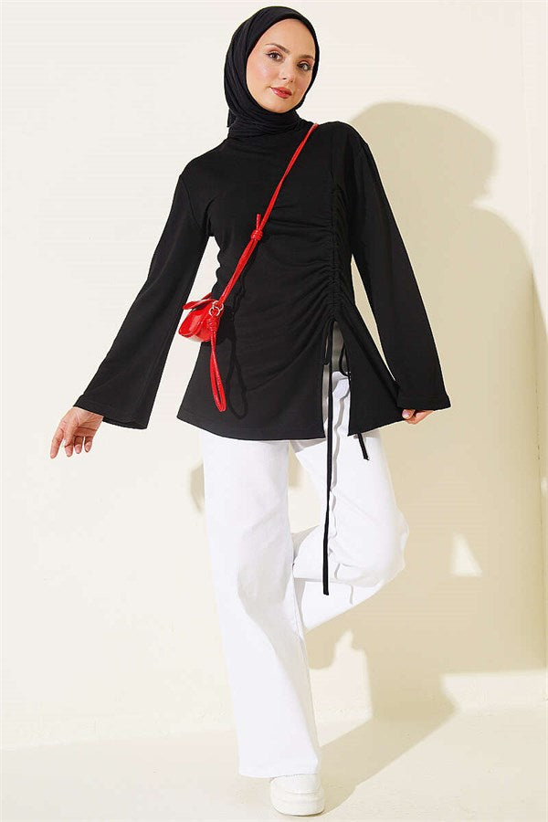 Side Tie Gathered Tunic, Black