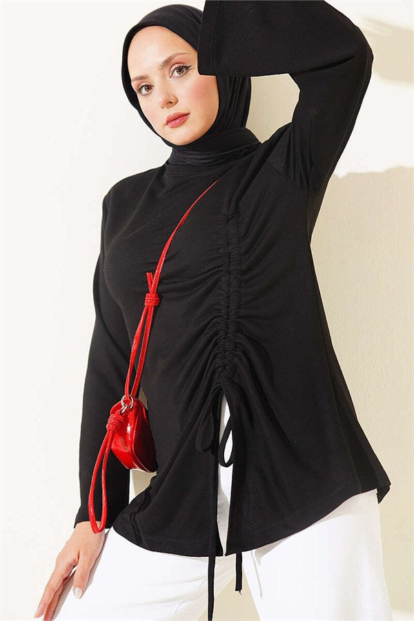 Side Tie Gathered Tunic, Black