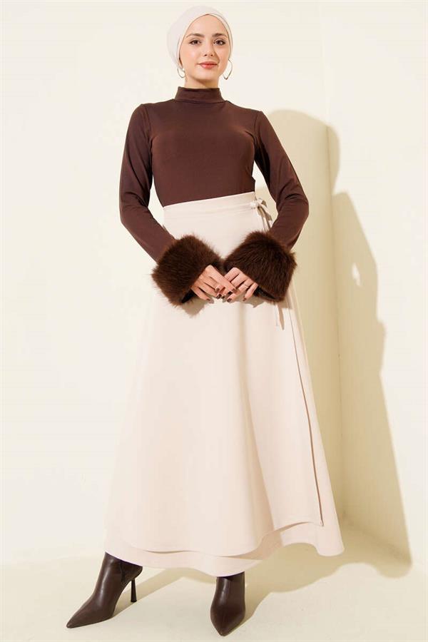 Beige Scuba Skirt with Side Tie