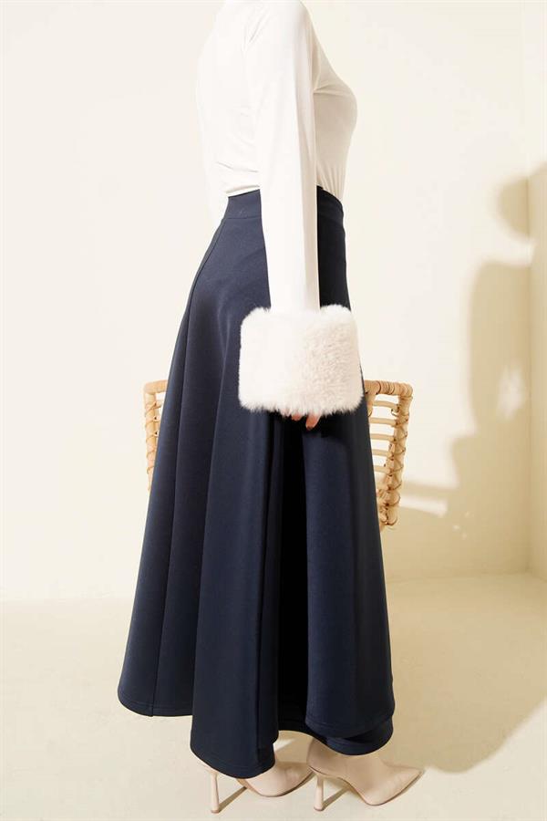 Side Rope Belted Scuba Skirt Navy Blue