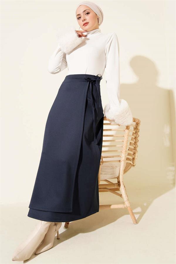 Side Rope Belted Scuba Skirt Navy Blue